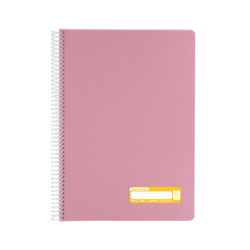 Cuaderno tamaño A4 con cubiertas de PP en color rosa y espiral plástica, con 80 hojas de rayadas de 7 mm y de 90 gr en el interior, GRAFOPLAS.