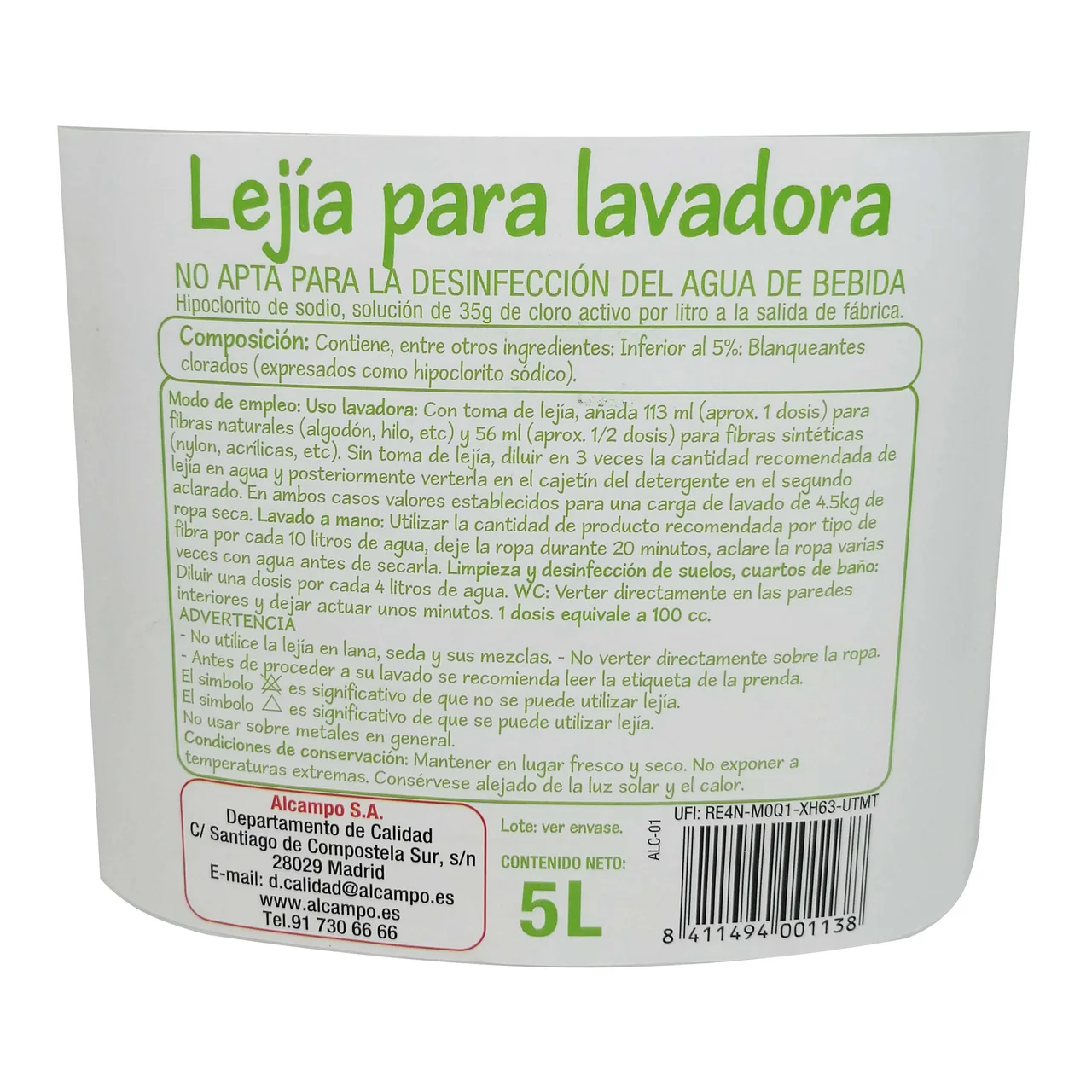 PRODUCTO ECONÓMICO ALCAMPO Lejía especial para lavadora 5 l.