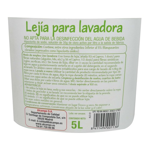 PRODUCTO ECONÓMICO ALCAMPO Lejía especial para lavadora 5 l.