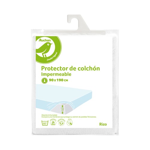 Protector colchón 90x190cm hasta 28cm de altura, rizo, de polietileno, impermeable, modelo Essential. AUCHAN