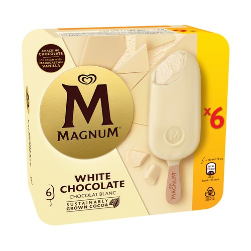MAGNUM de Frigo Bombón de helado de vainilla recubierto de chocolate blanco 6 x 100 ml.