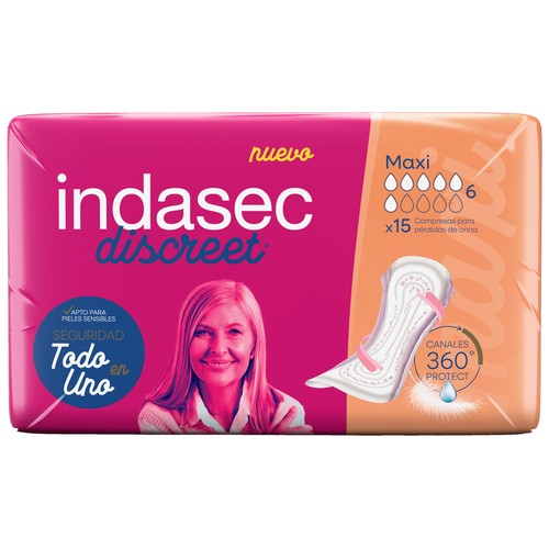 INDASEC Discreet Compresas incontinencia maxi para pérdidas de orina moderadas a severas 15 uds.