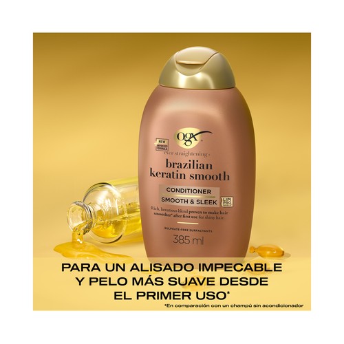 OGX Acondicionador con keratina alisante de Brasil y aceite de coco, para cabellos rizados, ondulados o encrespados 385 ml.