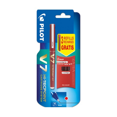 Bolígrafo tipo roller punta mediana y grosor de 0.7mm,tinta líquida roja + 3 recambios PILOT V-7.
