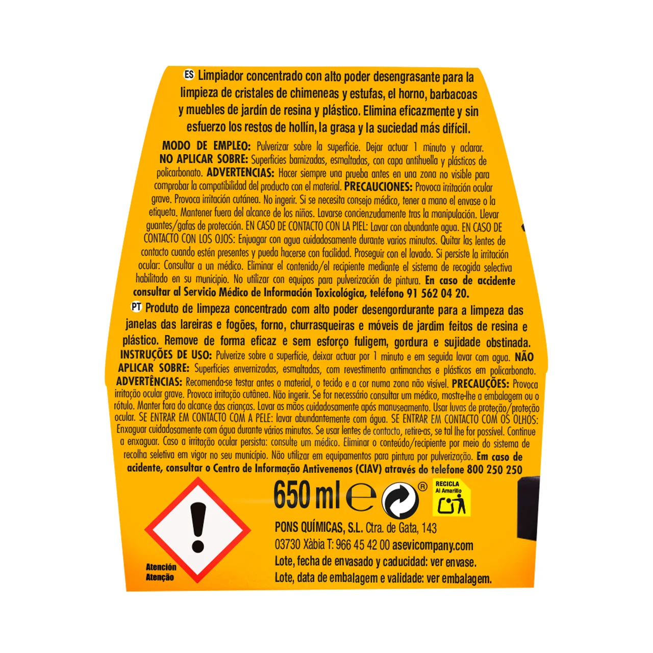 Limpiador de cristales de chimenea, elimina el hollín, la grasa y la suciedad difícil 650 ml.