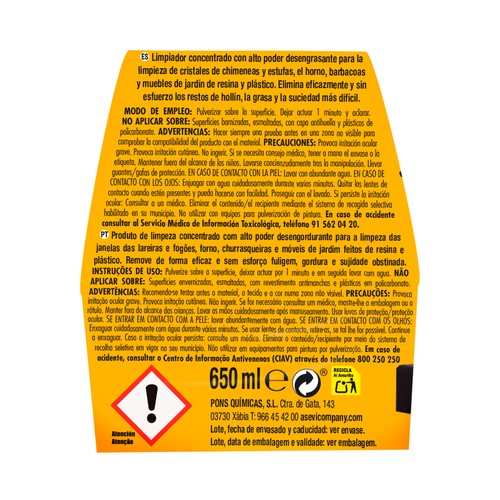 ASEVI Limpiador de cristales de chimenea, elimina el hollín, la grasa y la suciedad difícil 650 ml.