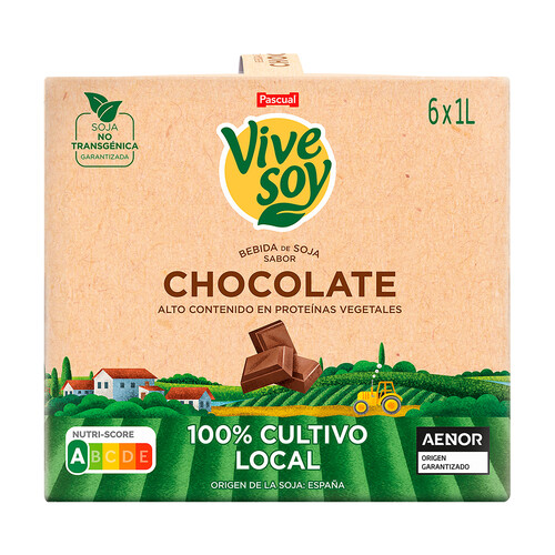 VIVESOY Bebida de soja de cultivo 100% local, con sabor a chocolate de Pascual 6 x 1 l.