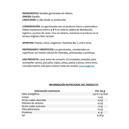 TUGAS Germinado de rábano 50 g.