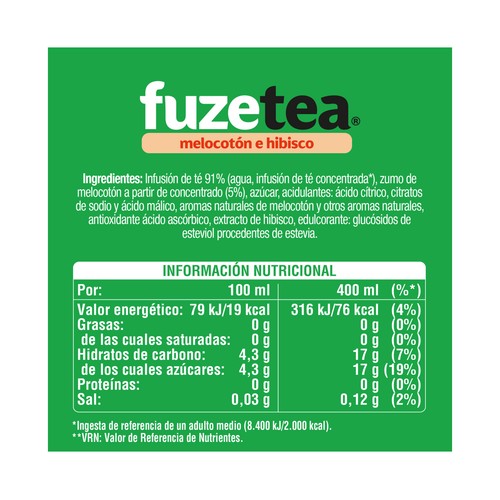 FUZE TEA Bebida de té con sabor a melocotón e hibisco botella 500 ml