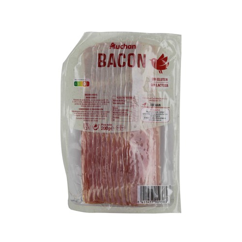 AUCHAN Bacon cocido cortado en lonchas, elaborado sin gluten y sin lactosa 200 g. Producto Alcampo