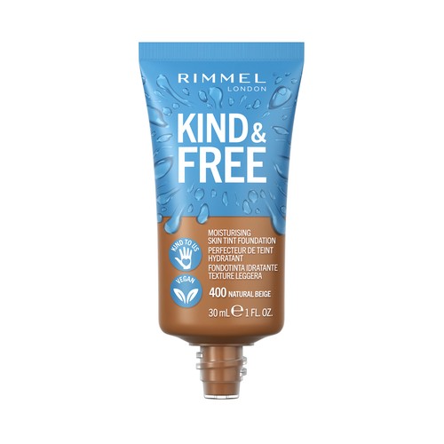 RIMMEL Kind & free Tono 400 Natural Base de maquillaje hidratante para un acabado radiante y saludable, 30 ml.