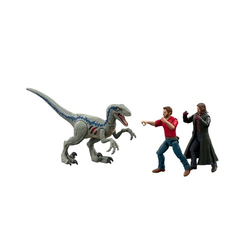 Pack de persecución Owen & Velociraptor Blue con 3 figuras, Daño Extremo JURASSIC WORLD.