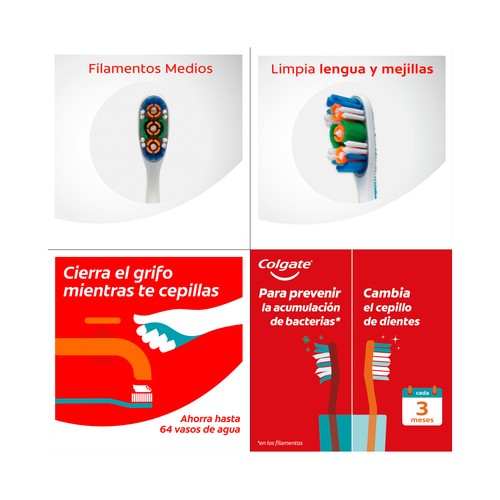 COLGATE 360º Max white one Cepillo de dientes medio, que ayuda prevenir la acumulación de bacterias.