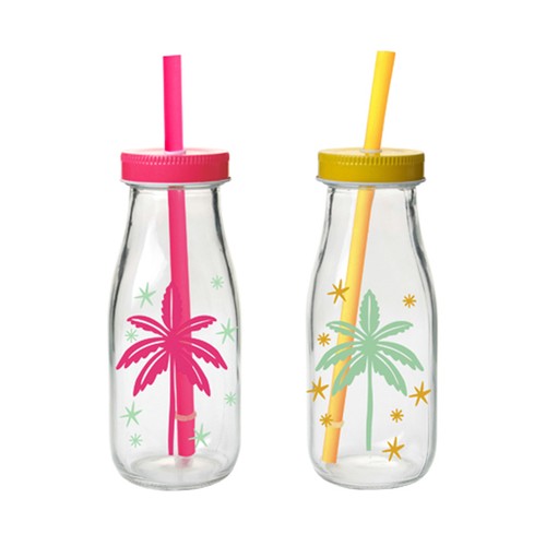 Jarra con cañita 30 cl decoración palmeras. ACTUEL