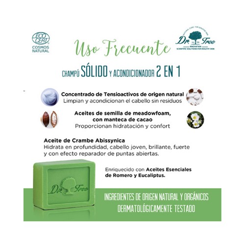DR. TREE Champú y acondicionador de uso frecuente en pastilla, con acción hidratante DR. TREE 75 g.