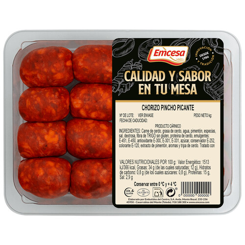 Bandeja de chorizos picantes de pincho, de calidad extra EMCESA 500 Gramos Aproximados