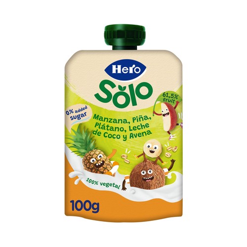 HERO Solo Bolsita (pouch) de fruta (manzana, piña y plátano) con bebida vegetal de coco y avena 100 g.