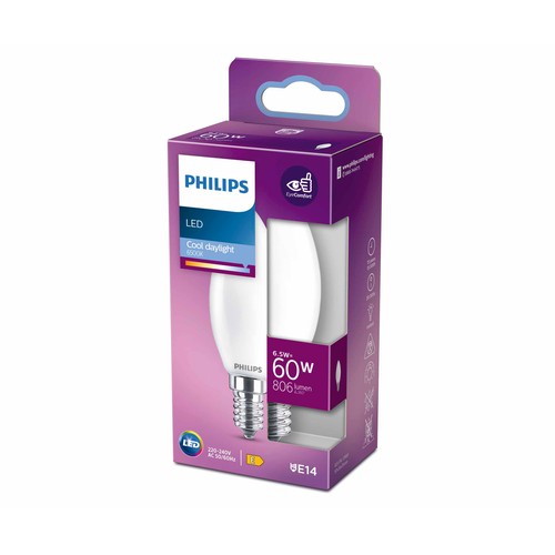 Bombilla Led E14, 6,5W=60W, luz fría 6500K, 806lm, PHILIPS.