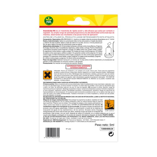Caja de 20 mililitros de insecticida polivalente soluble HA-HUERTO Y JARDÍN.