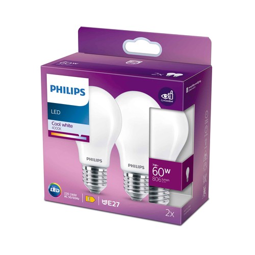 Pack de 2 bombillas Led E27, 7W=60W, luz neutra 4000K, 806lm, PHILIPS