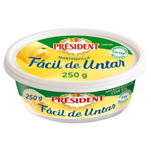 PRÉSIDENT Tarrina de mantequilla con sal, sin aditivos y fácil untar PRESIDENT 250 g.