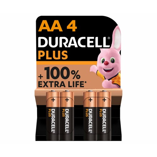 Pack de 4 pilas alcalinas AA, LR06, 1,5V, DURACELL Plus.