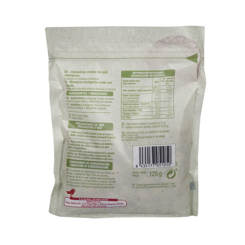 ALCAMPO ECOLÓGICO Almendras crudas con piel ALCAMPO ECOLÓGICO 125 g.