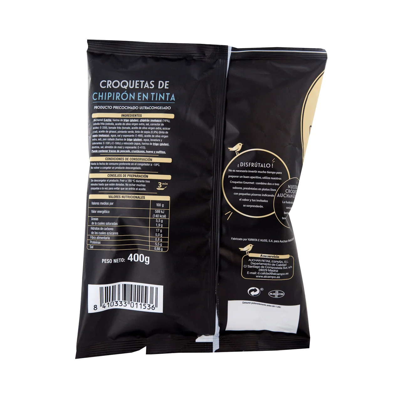 PRODUCTO ALCAMPO Collection Croquetas rellenas de suave bechamel y chipirones en su tinta 400 g.