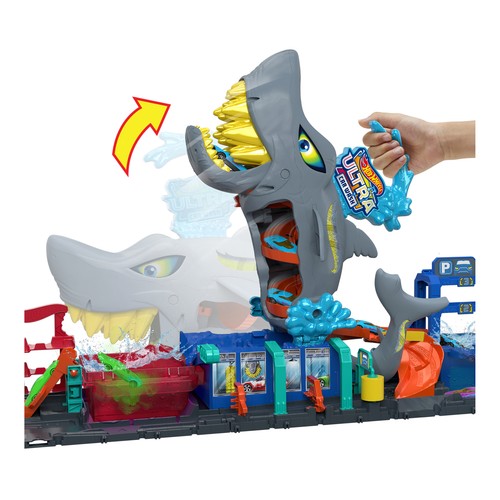 City túnel de lavado de Tiburón pista para coches de Juguetes +3 Años, Hot Wheels MATTEL