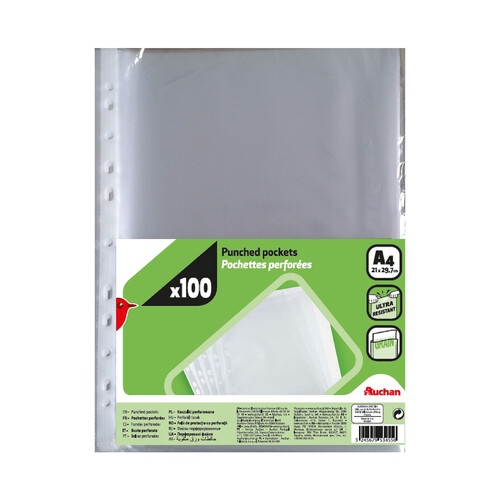 Pack de 100 fundas tamaño folio A4 multitaladro para archivador, PRODUCTO ALCAMPO.