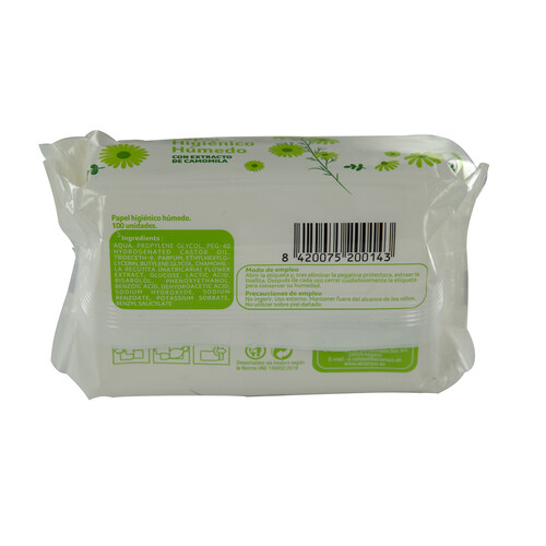 PRODUCTO ECONÓMICO ALCAMPO Papel higiénico húmedo con extracto de camomila 100 uds.