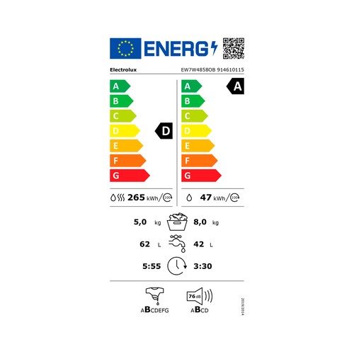 Lavadora secadora ELECTROLUX EW7W4858OB, capacidad lavado/secado: 8KG-5KG, clasificación energética: E, 1400 rpm, H: 84,7cm, A: 59,7cm, F: 55,1cm.