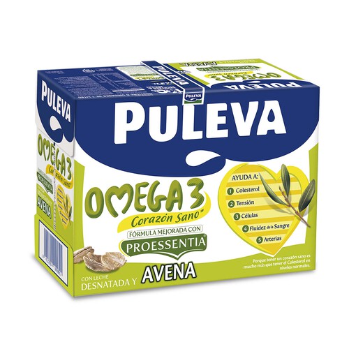 PULEVA Omega 3 Preparado lácteo desnatado, enriquecido con avena, ácido oleico y Omega 3  6 x 1l.