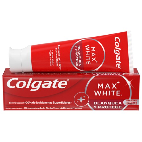 COLGATE Max white Pasta de dientes, acción blanqueante y protectora, sabor a menta 75 ml.
