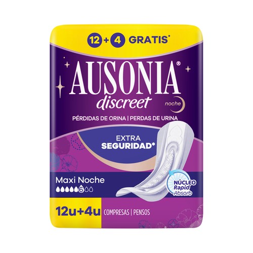 AUSONIA Compresas maxi noche para pérdidas de orina moderadas a severas AUSONIA Discreet 16 uds.