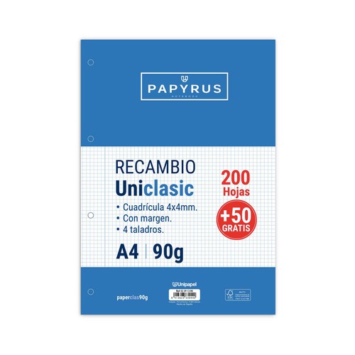 Recambio de 200+50 hojas tamaño A4, 4 taladros, 90gr, rayado cuadrícula 4x4 con margen, UNIPAPEL.