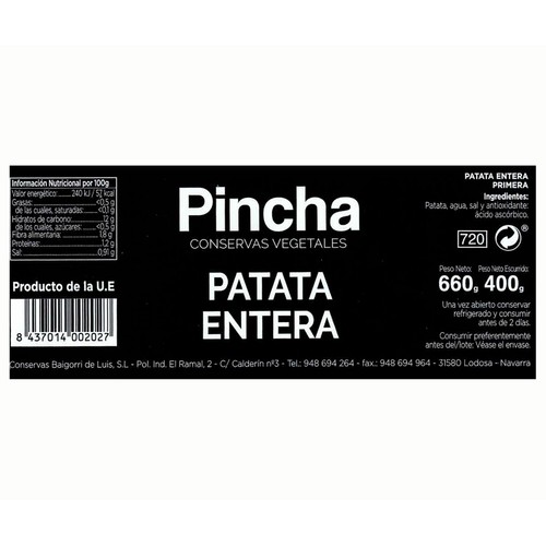 PINCHA Patata entera en frasco 400 g.