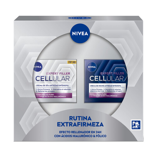 NIVEA Cellular Expert Filler Caja con crema de día y crema de noche con ácido Hialurónico y ácido fólico.