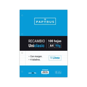 Imagen de Recambio de 100 hojas tamaño A4, 4 taladros, 90gr, rayado 1 línea con margen, UNIPAPEL.