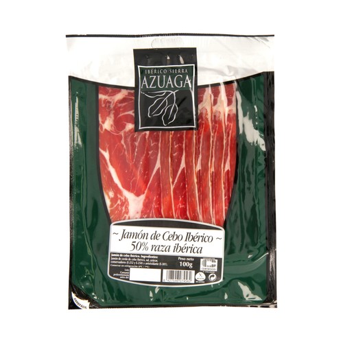 Jamón de cebo ibérico (50% raza ibérica), cortado en lonchas SIERRA AZUAGA 100 g.