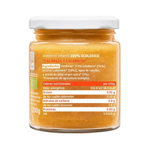 SMILEAT Tarrito de calabaza y calabacín para bebés a partir de 6 meses 230 g.