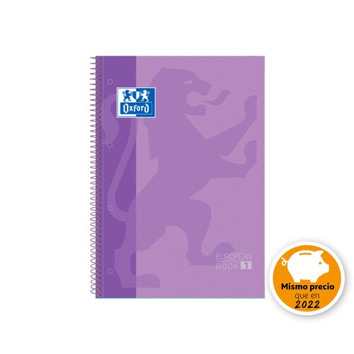 Cuaderno A4 con cuadrícula de 5x5 milímetros, 80 hojas de 80 gramos, tapas extraduras de color lila y encuadernación con espiral metálica OXFORD.