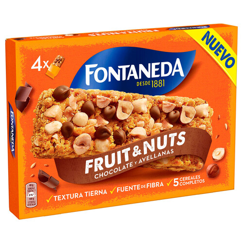 FONTANEDA Barritas de cereales con avellanas y gotas de chocolate enriquecidas con magnesio FONTANEDA 4 uds. x 40 g.