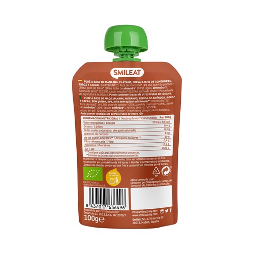 SMILEAT Bolsita de fruta (fresa) ecológica, con leche de almendras y cacao, a partir de 9 meses 100 g.