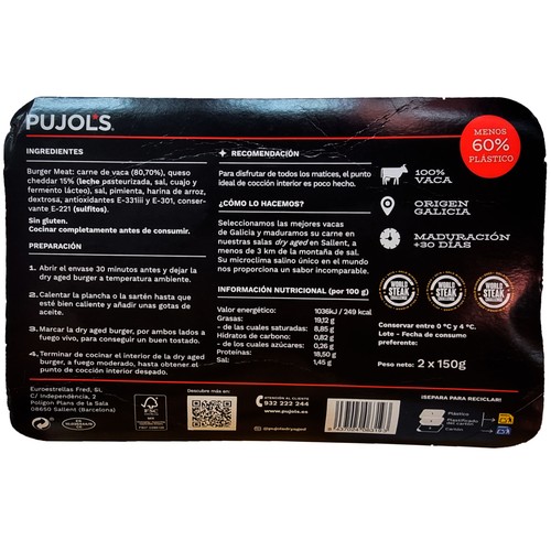 PUJOL"S Burger meat de vaca madurada (+ 30 días) con cheddar inglés 2 x 150 g.