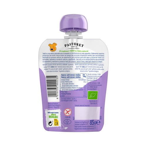 TEDDI Ecológico Bolsita (pouch) con yogurt ecológico con arándanos 85 g.