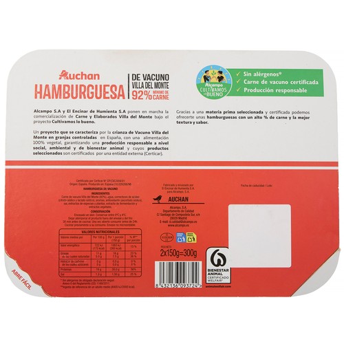 ALCAMPO CULTIVAMOS LO BUENO Hamburguesas de vacuno Villa del Monte  2 x 150 g.