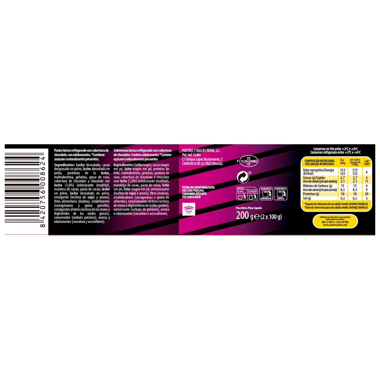 Mousse de chocolate baja en grasa y con alto contenido en proteínas (10 g) 2 x 100 g.