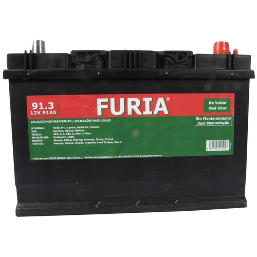 Batería de coche 91Ah, arranque 800A, 12V, L: 30,6cm, A: 17,3cm, H: 22,5cm, FURIA.