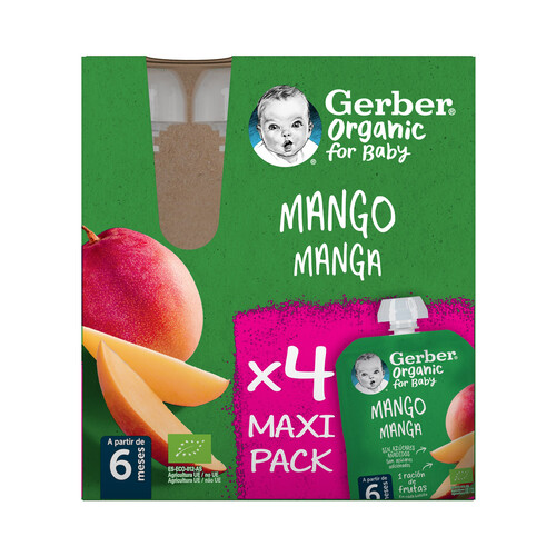 GERBER Organic Bolsitas de frutas (mango), a paritr de 6 meses 4 x 90 g.